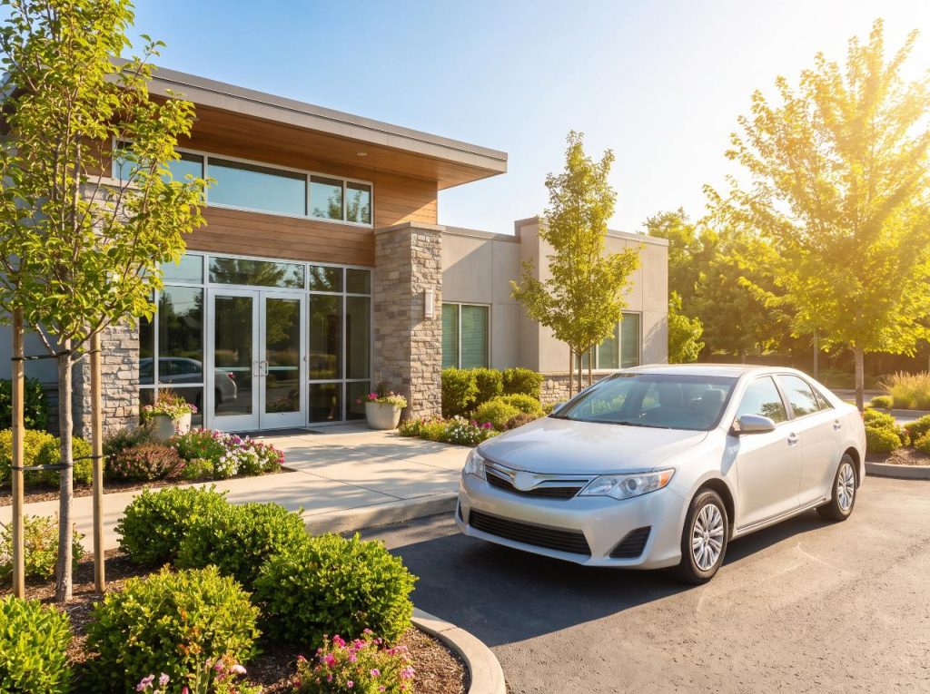 Unbranded sedan at a plain office entrance
