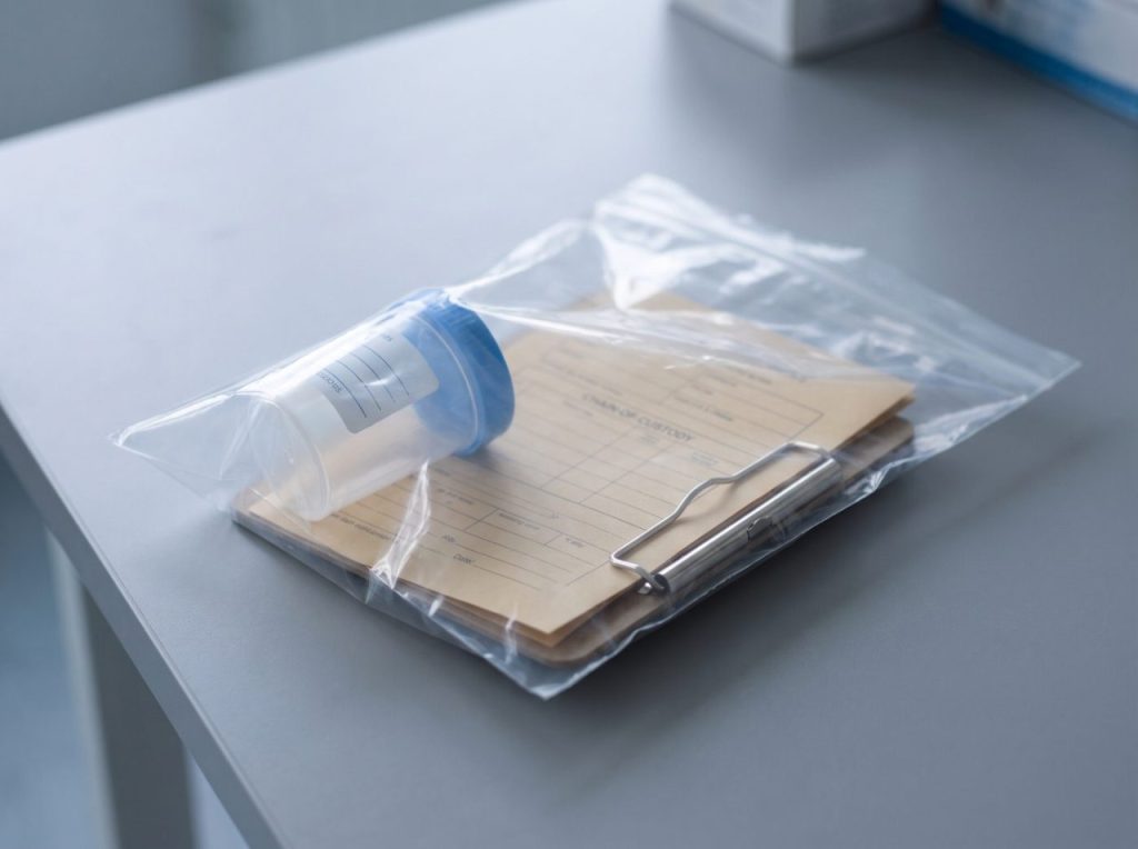 Sealed specimen bag with custody form on a clipboard