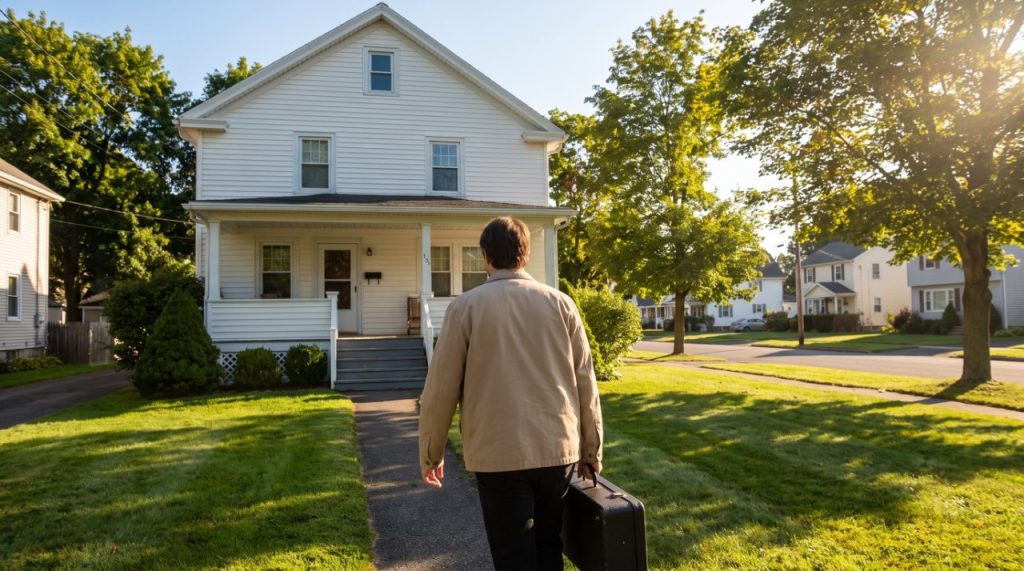 Collector walking up to a residence